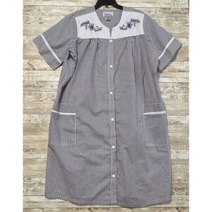 Anthony Richards L House Dress Striped Purple Embroidered Flowers Pockets Snaps